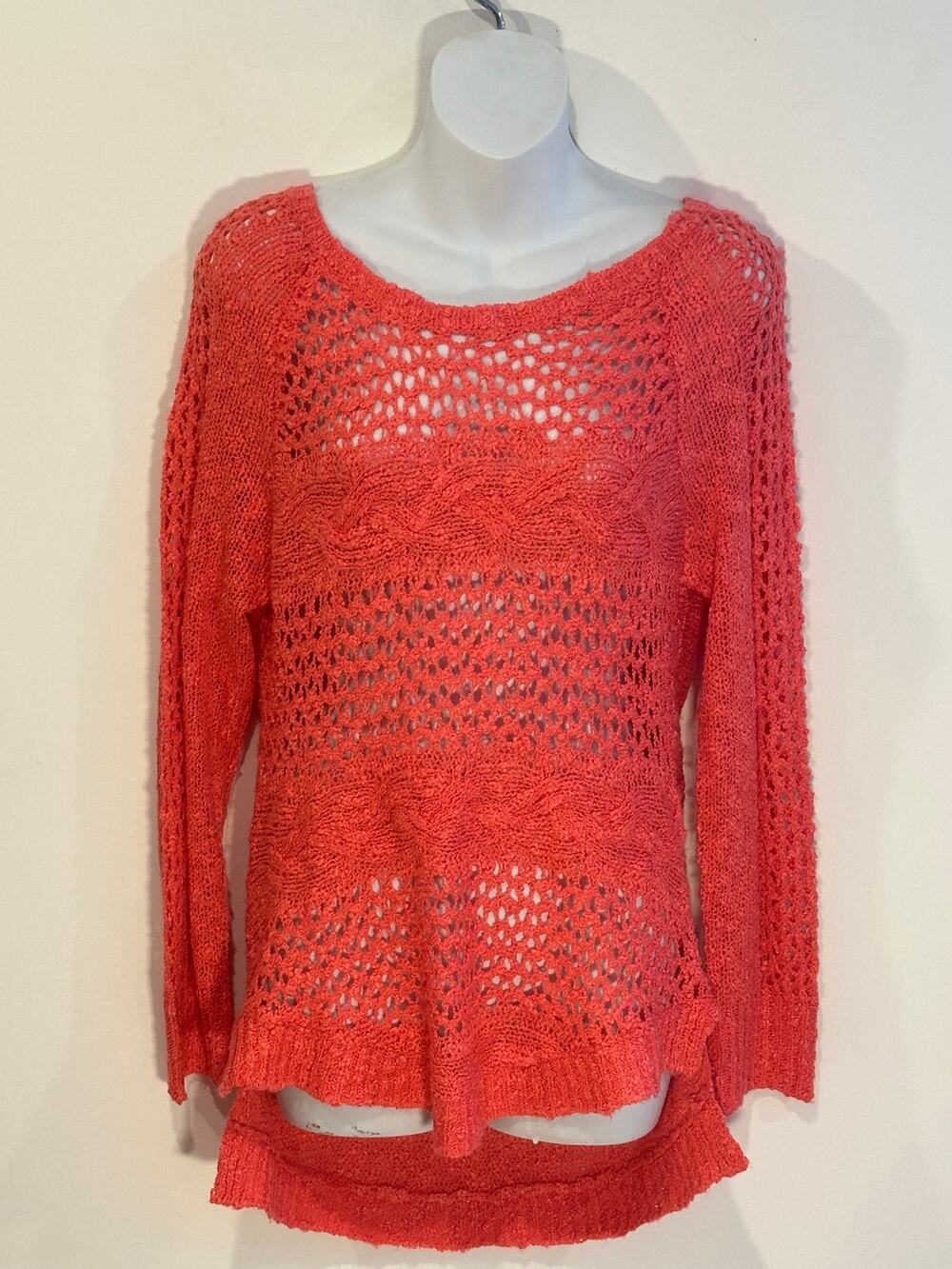 Dolled Up by Fang Coral Pink Open Knit Crochet High-Low Tunic Sweater Large